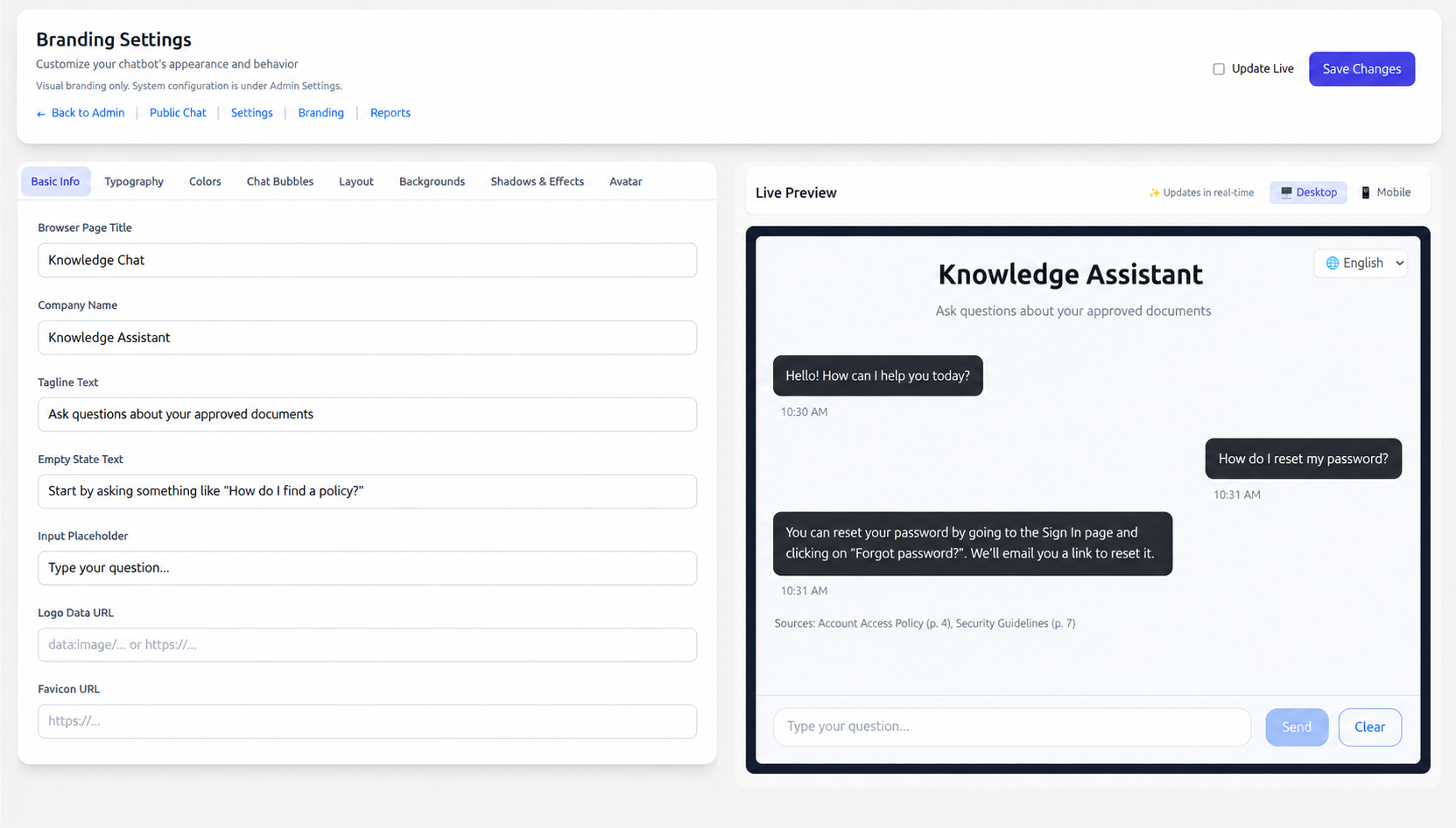 LuxonLink admin branding controls for assistant name colors layout and preview